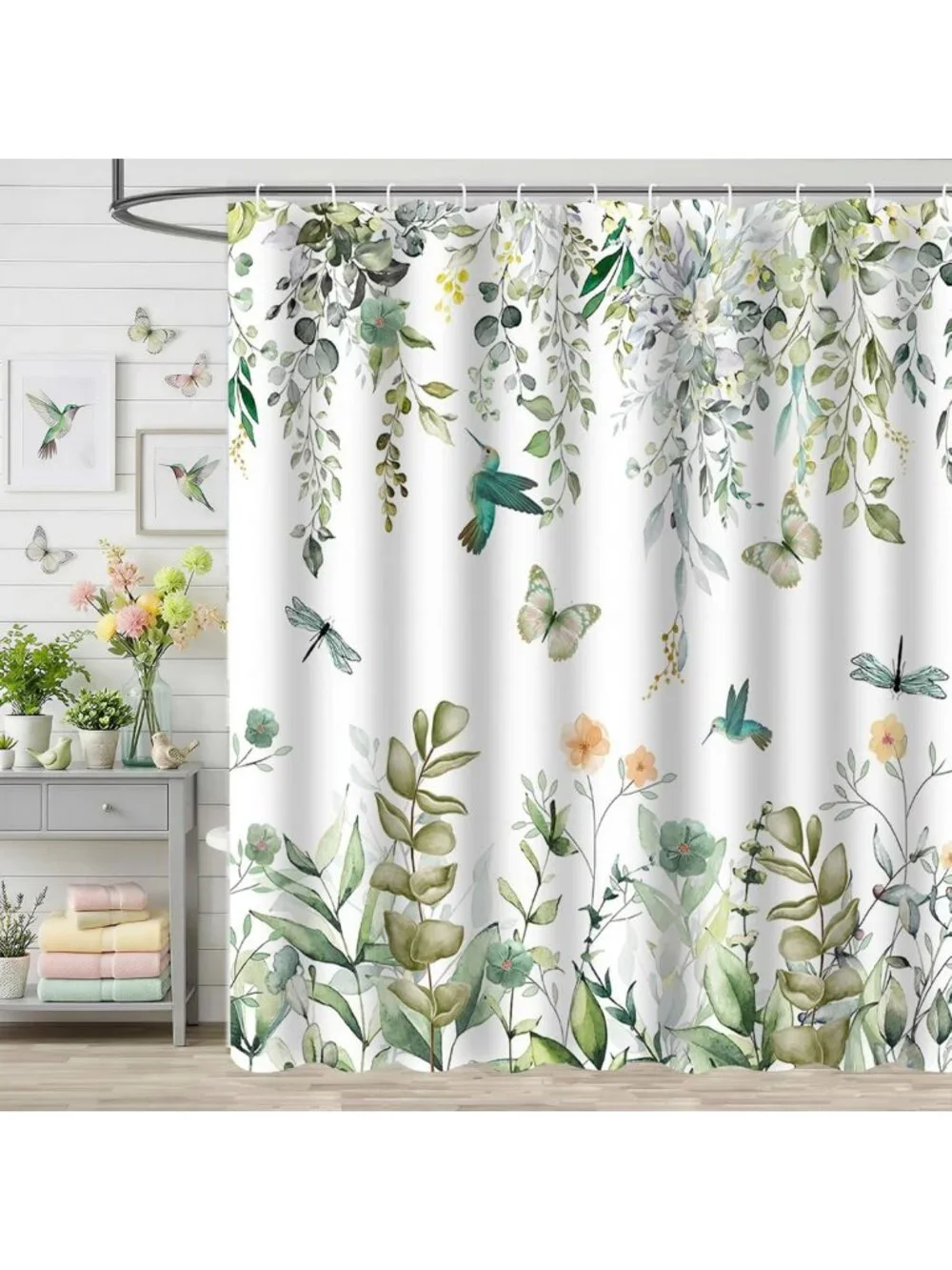 Botanical Shower Curtain - Sage Green Eucalyptus Leaves & Birds, Waterproof